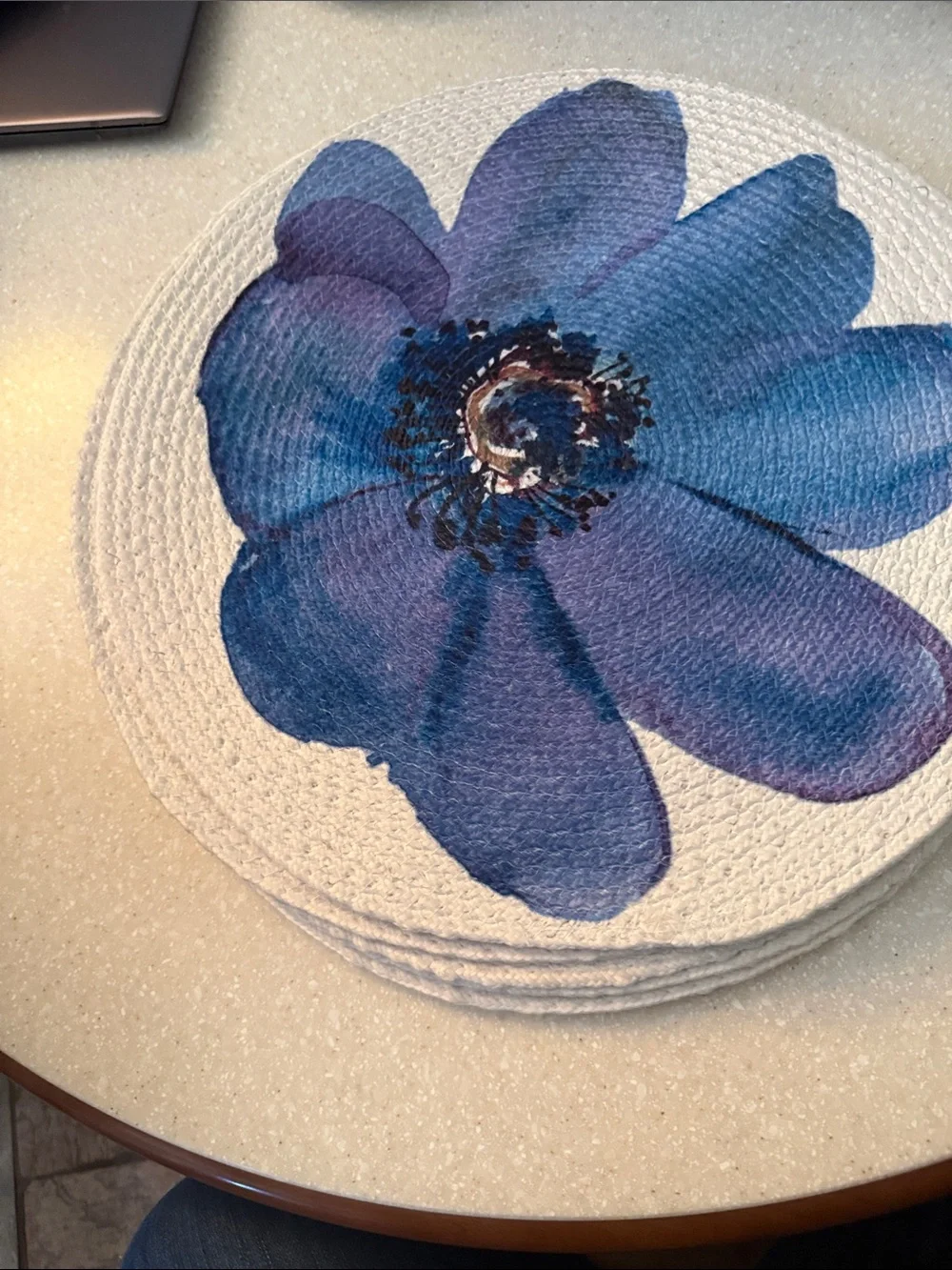 6 Round Placemat with Large Blue Floral Print elegant fun decor
